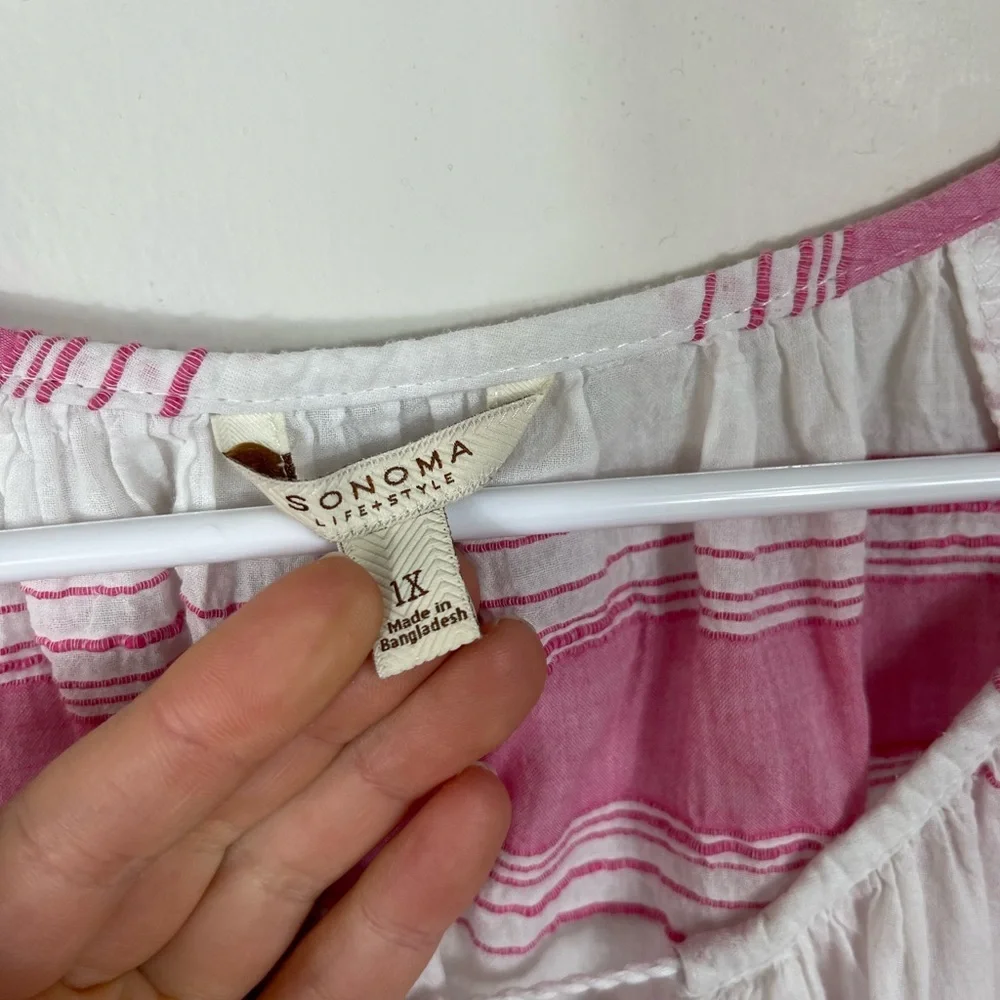 Sonoma Life Style Pink 3/4 Sleeve Blouse Lace Up Women's Pink White Strip Sz 1X - Picture 6 of 12